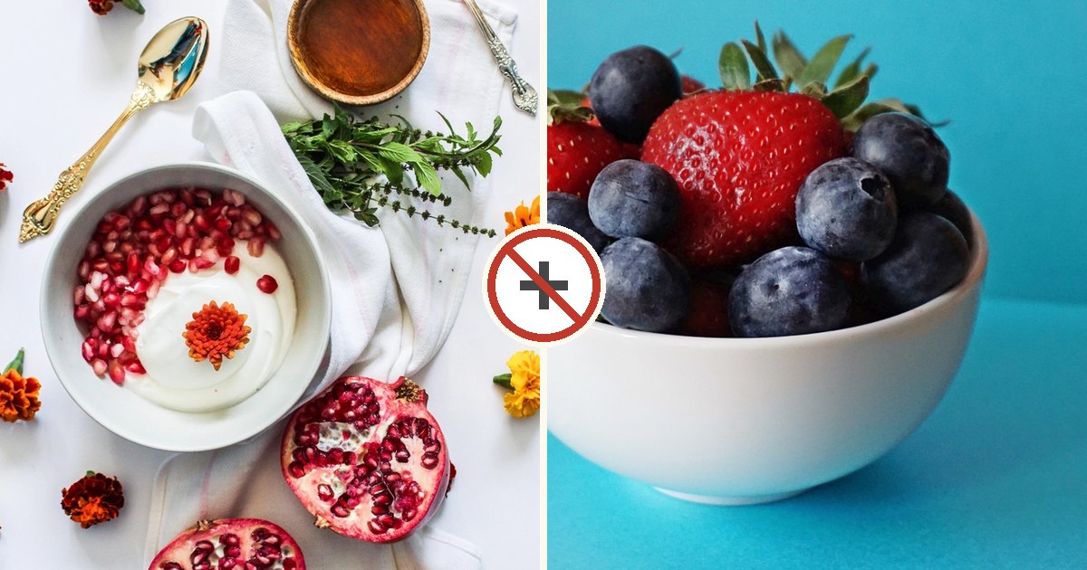 Curd and fresh fruit shown together with a do-not-combine symbol