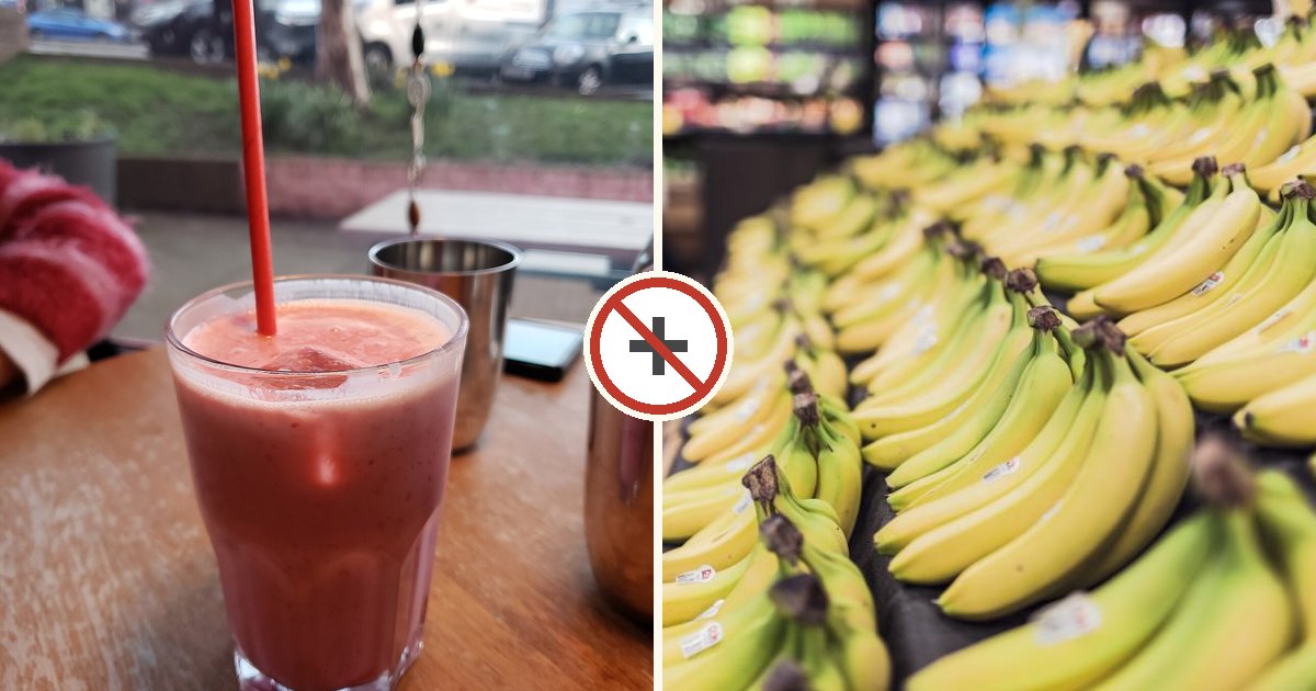 Fruit lassi and banana shown together with a do-not-combine symbol