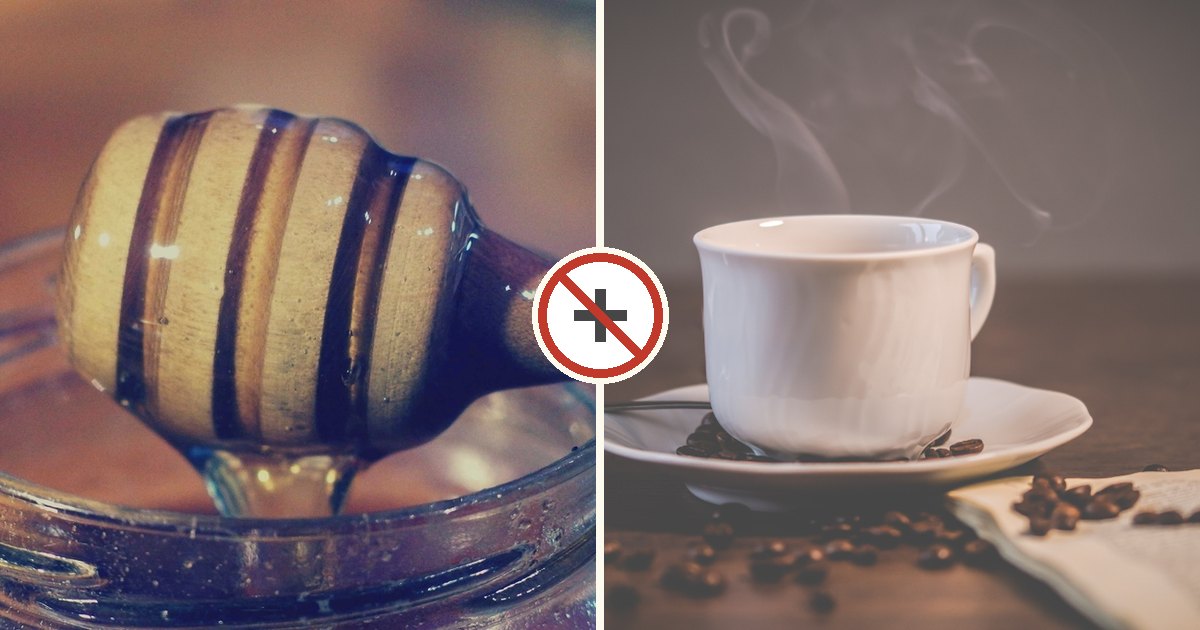 Honey and a steaming hot drink shown together with a do-not-combine symbol