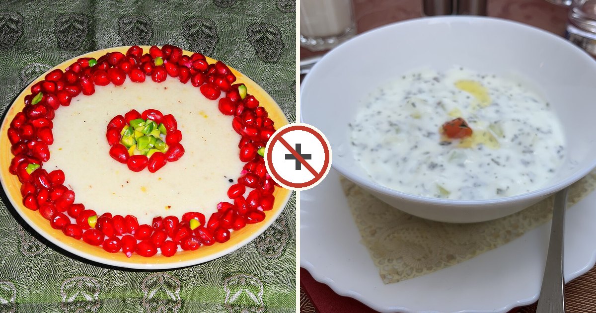 Kheer and raita shown together with a do-not-combine symbol