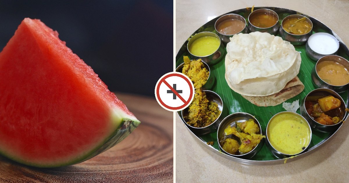 Watermelon and a full meal shown together with a do-not-combine symbol