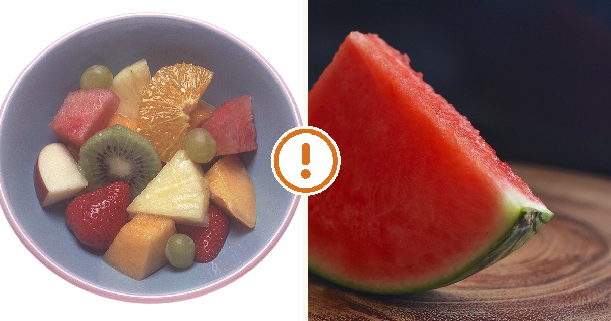 Fruit salad and watermelon shown with an amber caution symbol